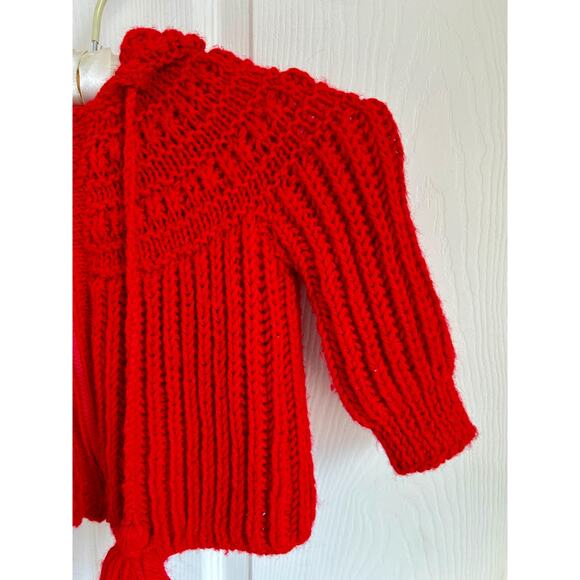 Vintage Hand Knit Bright Red Baby Cardigan with Hood and Tassels, 12 months - Picture 5 of 8